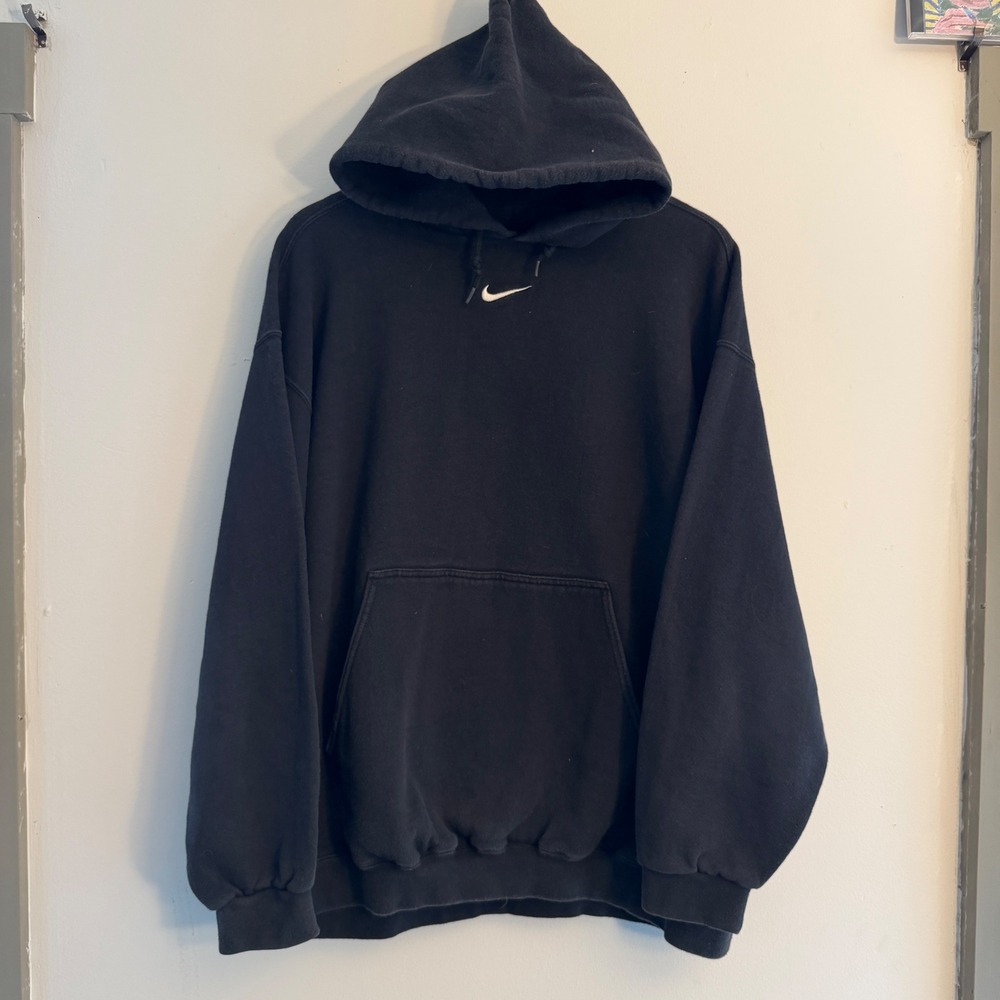 Vintage 90s Nike Center Swoosh Hoodie XL Made in USA Black Faded Pullover